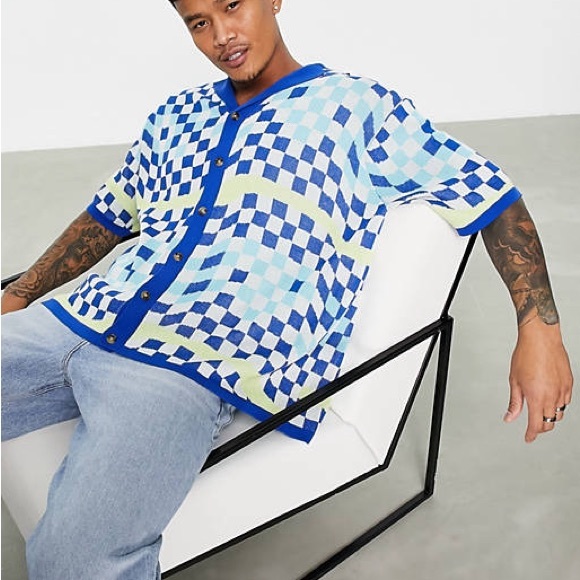 ASOS DESIGN MEN BLUE CHECKEREDBOARD KNITTED OVERSIZED BUTTON SHIRT SIZE M - Picture 8 of 8